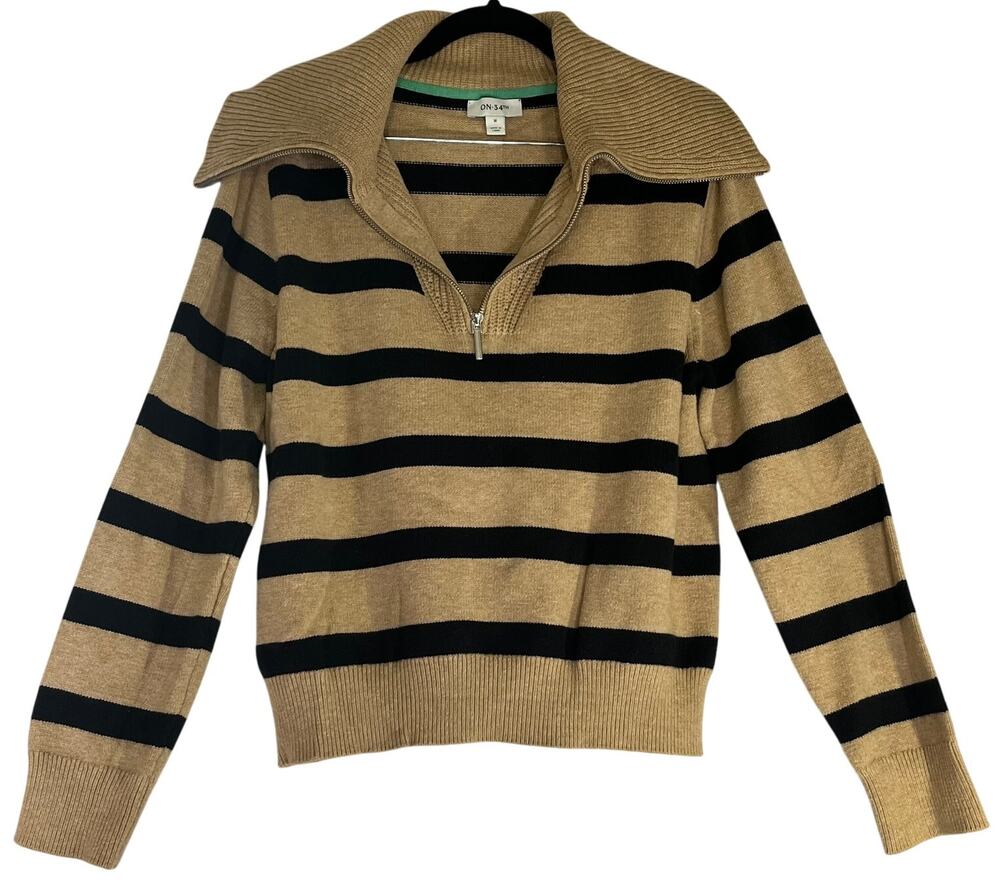 On 34th Tan Black Striped Quarter Zip Turtle Neck Sweater Size M